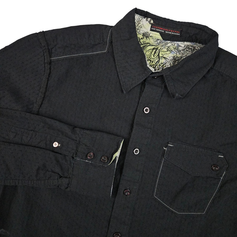 Fox Racing Mens Medium Black Button Up Shirt Moto Ribbed Y2K Embroidered Graphic